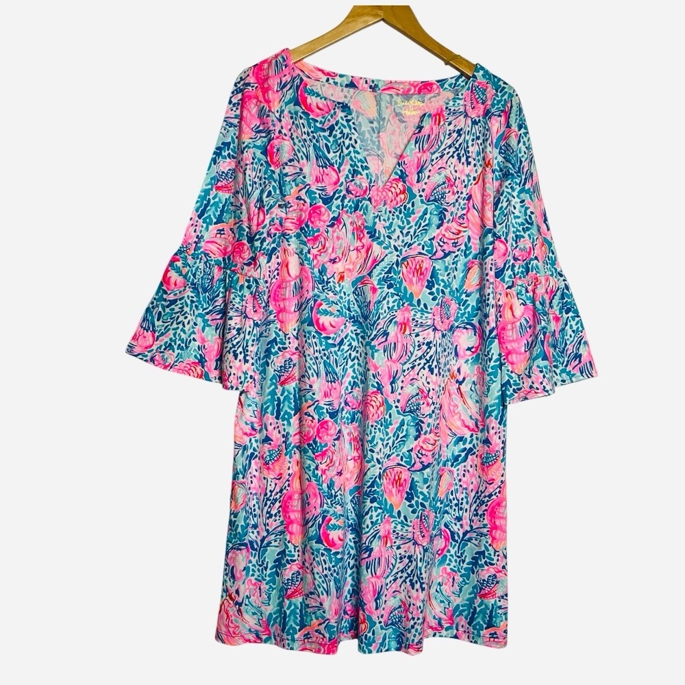 NWOT Lilly Pulitzer Pink and Blue Floral V-neck Dress /Beach Cover Cotton Medium